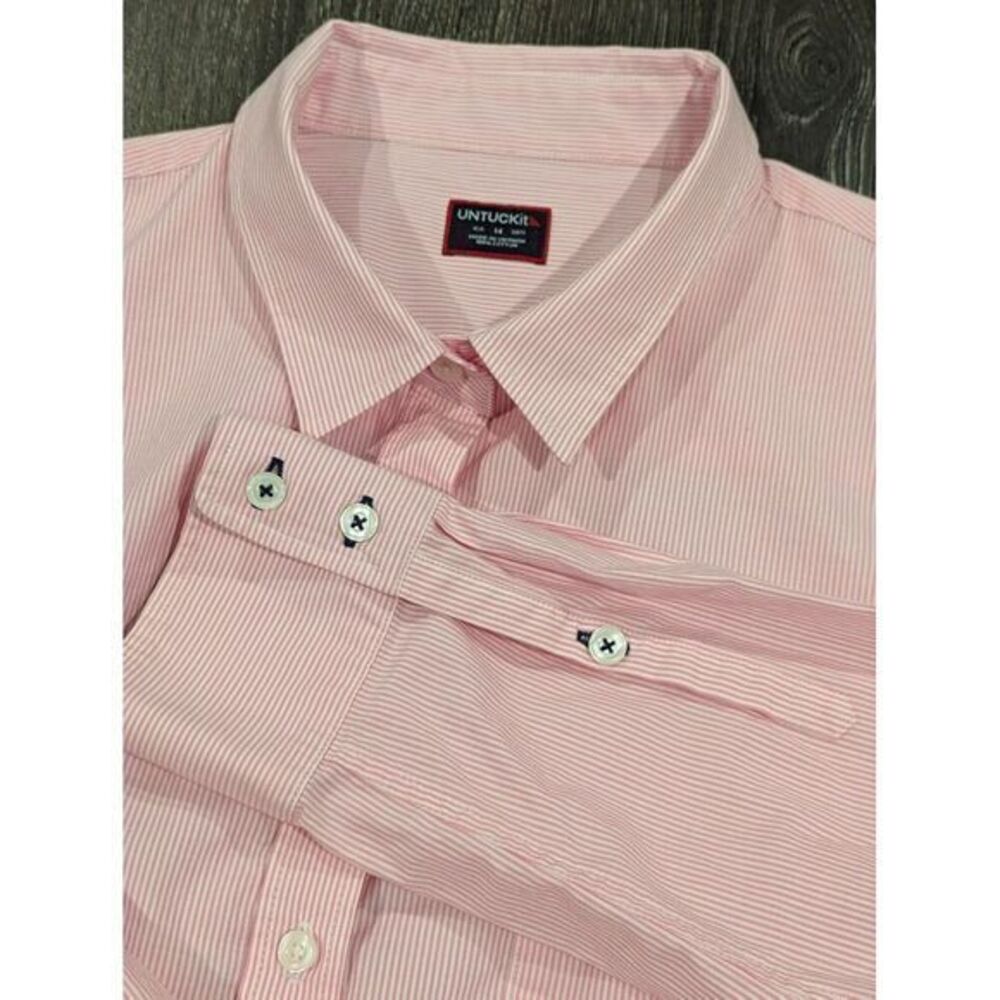 UNTUCKit Pink White‎ Striped Cotton Button Down Shirt Womens 14 Long Sleeve